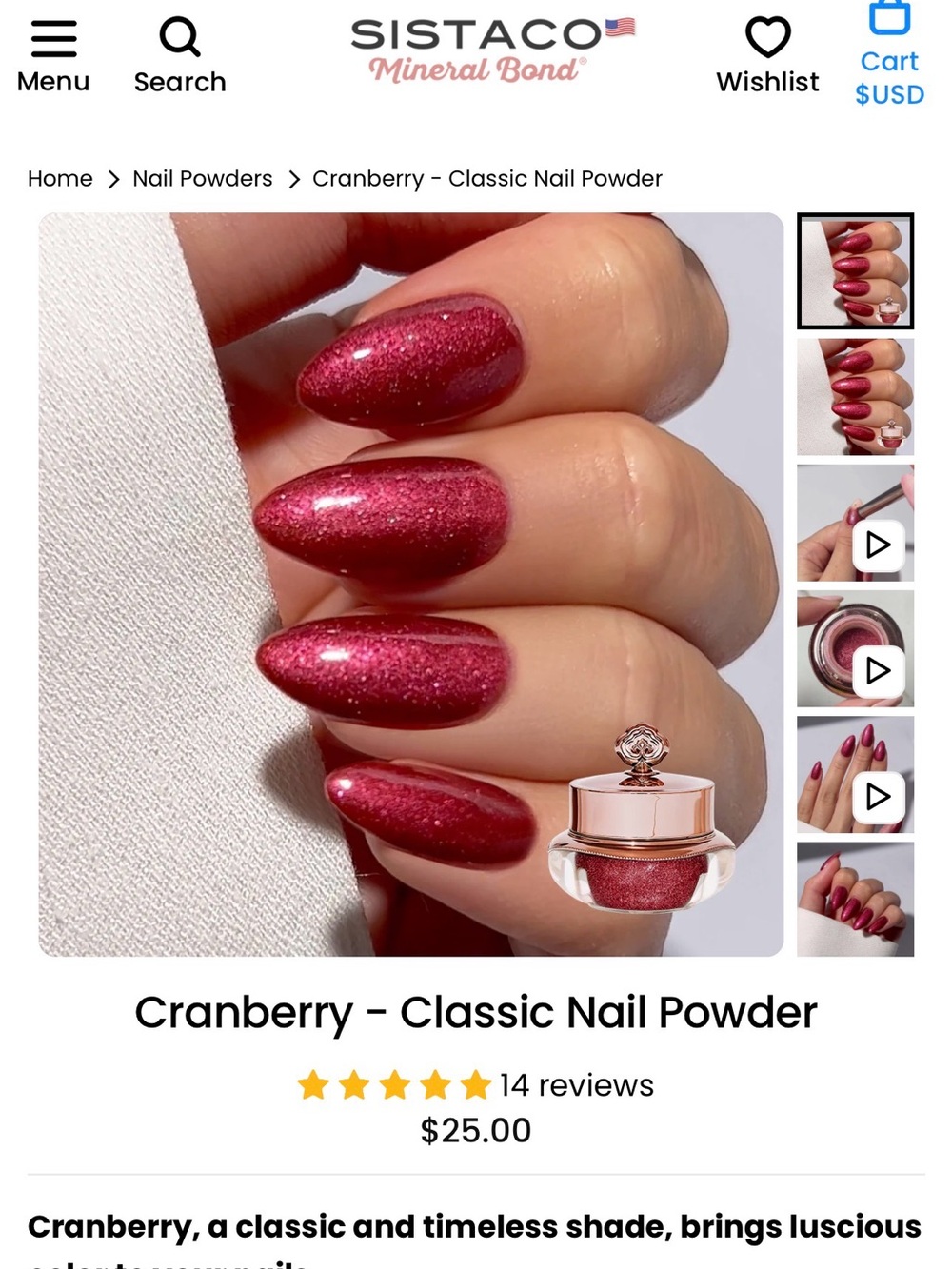 Sistaco Cranberry Classic Nail Powder — Shimmering Deep Pink